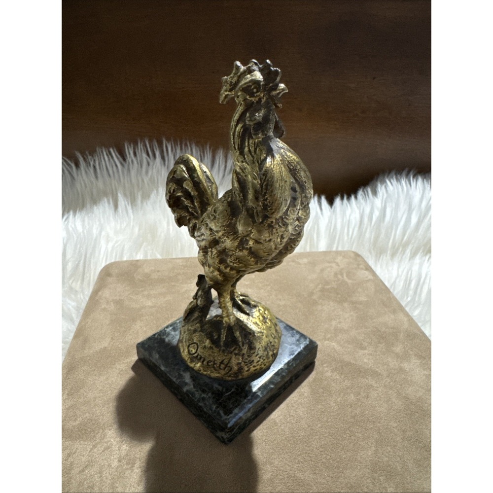 Gilded Bronze Rooster Statue Figurine Signed Omerth On Marble Vintage